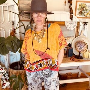 #75 Handmade Kantha Stitched Reversible Cropped Boho Top OOAK